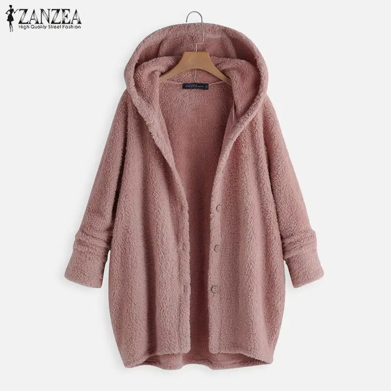 ZANZEA, осенняя толстовка, женское плотное пальто, одноцветное, на пуговицах, с длинным рукавом, с капюшоном, куртки, верхняя одежда, кардиган, джемпер размера плюс