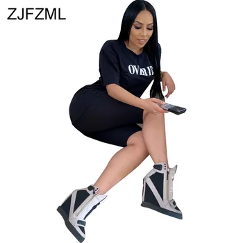 

Letter Print Plus Size Two Piece Matching Sets Women O-Neck Short Sleeve Slim T Shirt and Biker Shorts Suit Causal Tracksuit