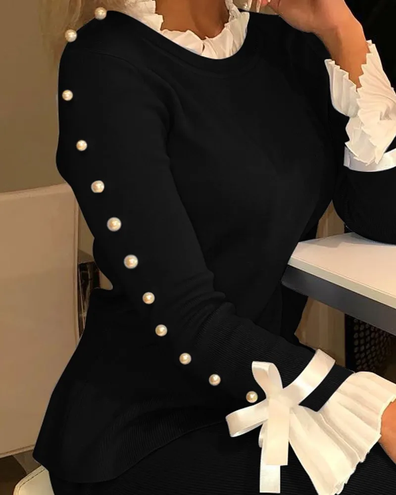 Элегантная блузка на пуговицах с бантом и манжетами-колокольчиками, Женская Повседневная блуза с длинным рукавом и бусинами, топы, рабочая одежда - Цвет: Черный