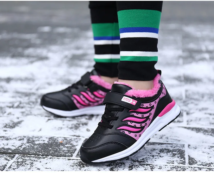 Winter New Girls Sneakers Plus Velvet Thickening Warm Children Sports Shoes Slip Leather Kids Sneakers School Running Shoes