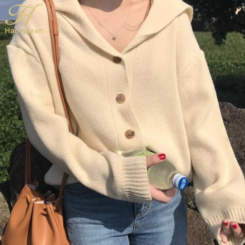 Apricot H Han queen однобортный с капюшоном кардиганы женские Осенние повседневные трикотажные свободные однотонные свитеры мягкий кардиган свитер - Цвет: Apricot
