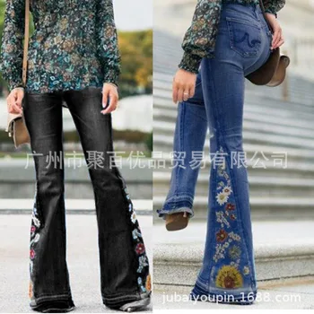 

WOMEN'S Jeans Embroidery Embroidered Trousers Cowboy Wide-Leg Bell-bottom Pants