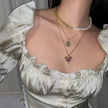 

Brass With 18K Gold AAA Zircon Pink Heart Oval Pandent Necklace Designer T Show Runway Gown Rare INS Japan Korean Boho Gothic