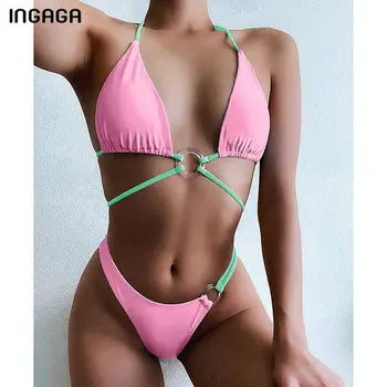 

INGAGA Push Up Swimsuits High Cut Bikinis Swimwear Women Sexy Thong Bathing Suit Women String Halter Beachwear 2020 Pink Biquini