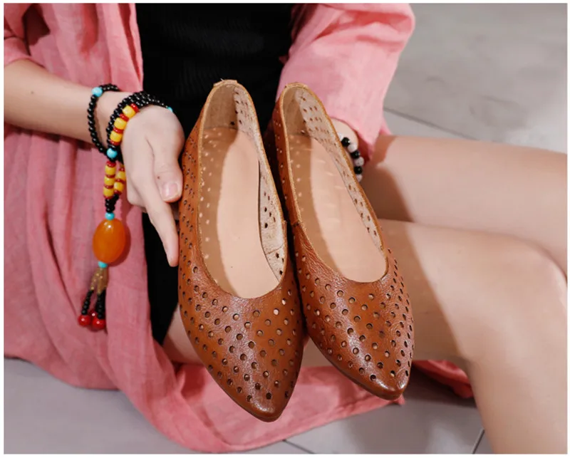 2020 Summer New Pointed Toe Women Flats Professional Casual Loafers Shoes Female Genuine Leather Hole Simple Flats Shoes Woman (15)