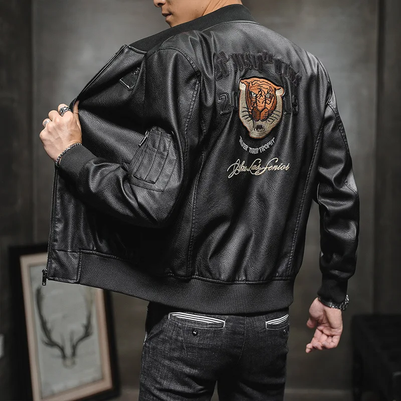 

Leren Jas Men Leather Bomber Jacket Design Tiger Head Motorcycle Leather PU Jacket Coats Stand Collar Biker Leather Jacket