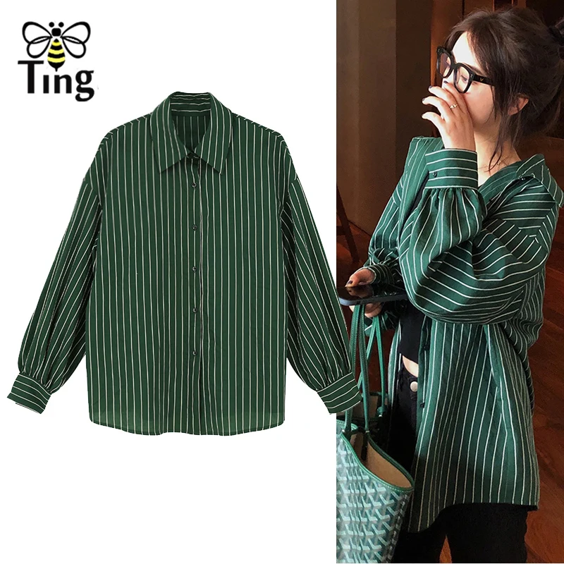 

Tingfly Casual Green Striped Blouse Women Sprint Autumn Loose Female Shirt Casual Blouses Streetwear Tops