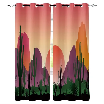 

Cactus Desert Mountain Sunset Window Curtains Living Room Kitchen Curtains for Bedroom Left and Right Biparting Open Curtains