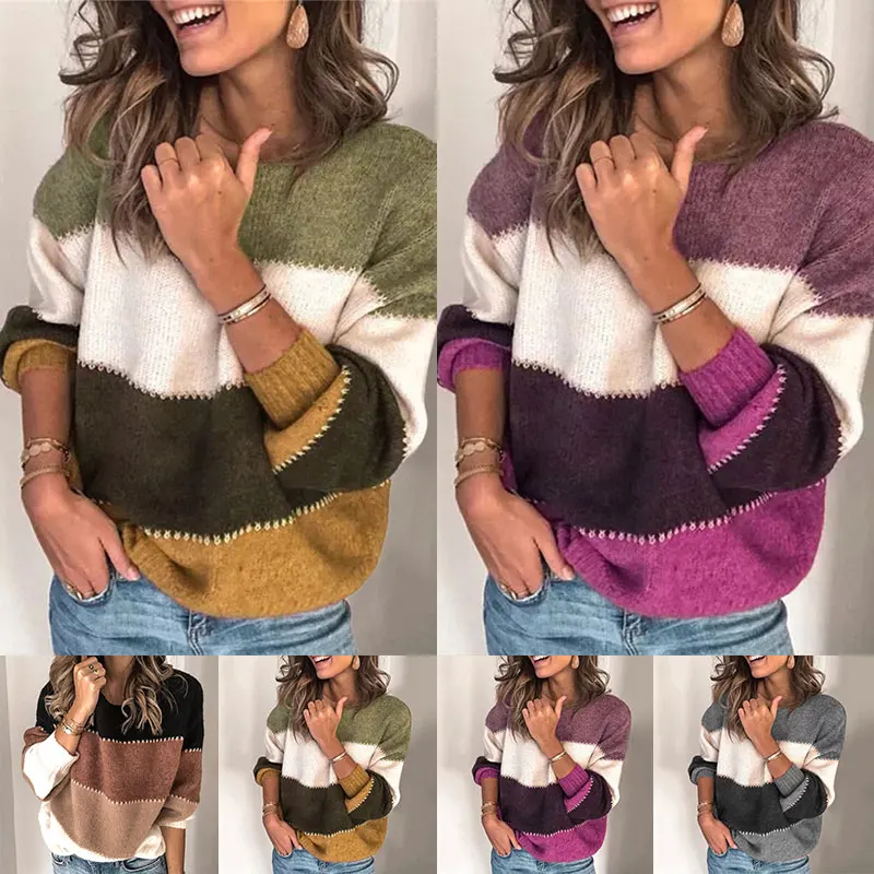 

Fashion Women Striped Sweater Autumn Winter O Neck Long Sleeve Sweater Loose Knit Pullover Patchwork pull femme jersey mujer