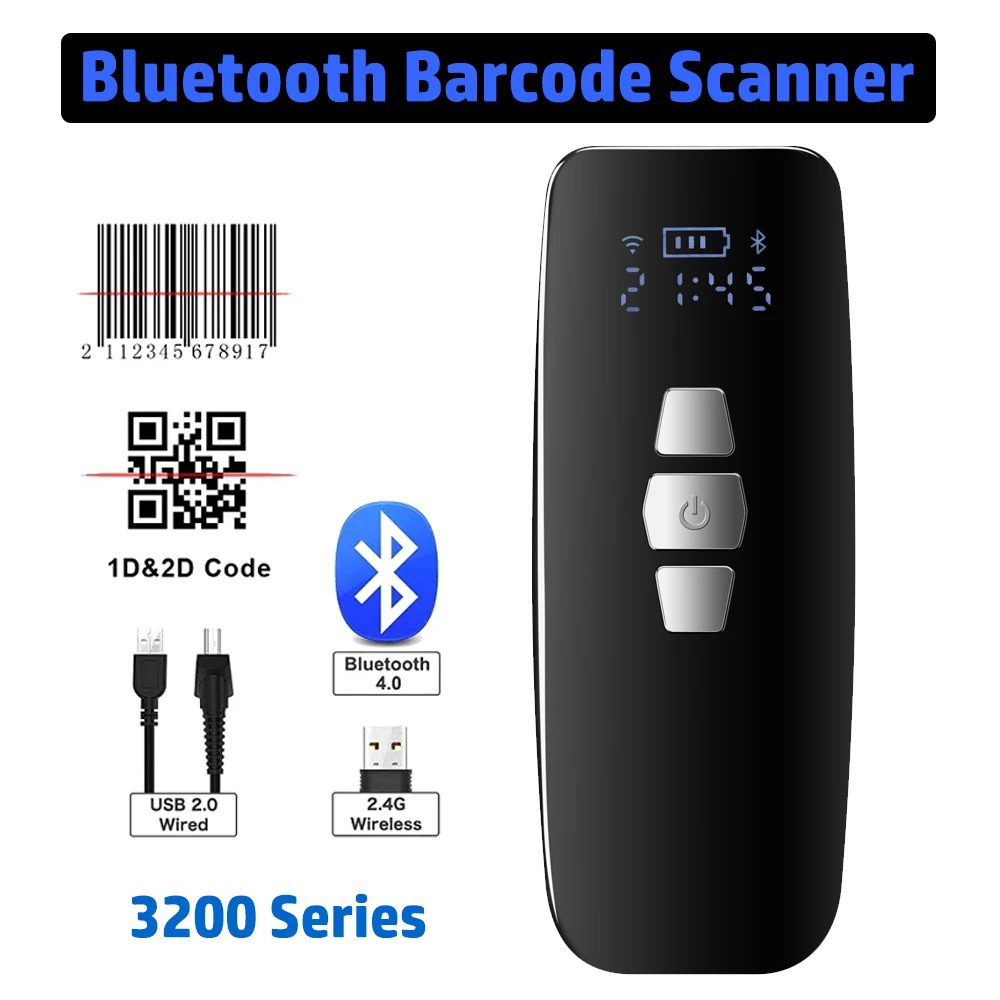 

Handheld 3-in-1 Barcode Scanner 1D/2D/QR Bar Code Reader Support Bluetooth /2.4G Wireless /USB Wired Connection for Supermarket