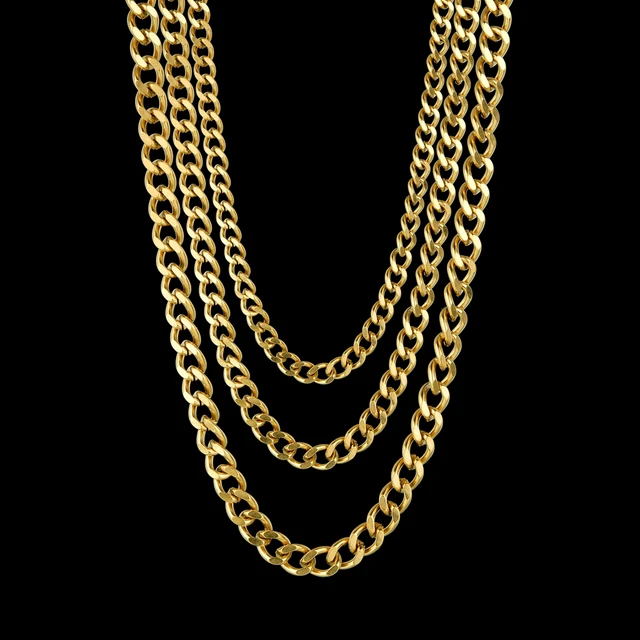 Width 3/5/7mm Stainless Steel Curb Cuban Link Chains Punk Gold