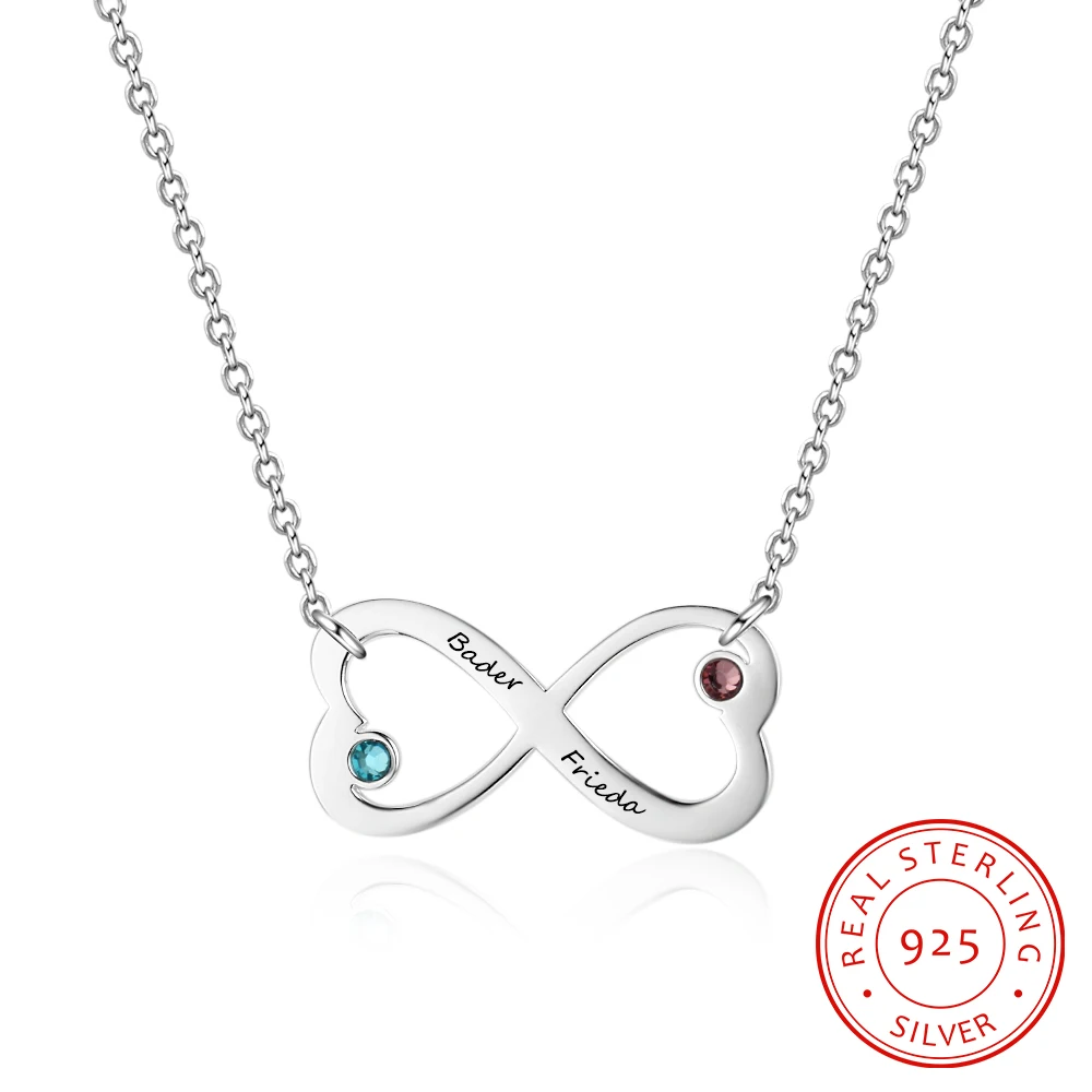 

Sterling Silver 925 Infinity Heart Pendant Engraved Name Necklace with 2 Birthstones Personalized Gifts for Women