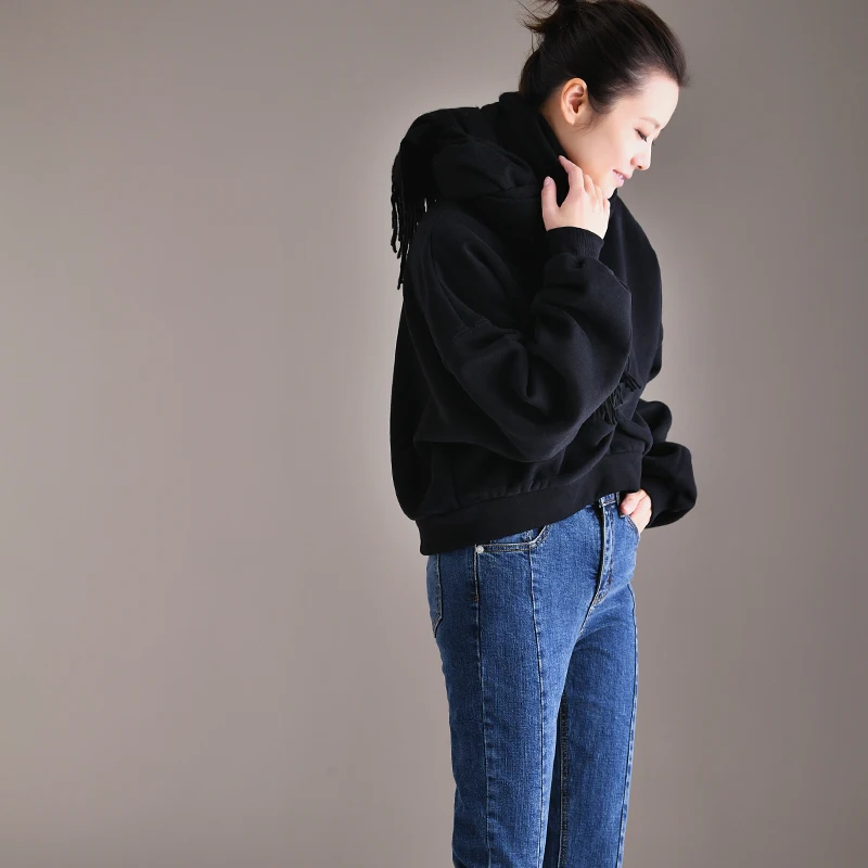 Black (velvet) R5539 Корейская версия, снижающая возраст свободная и толстая дизайнерская Короткая Толстовка с капюшоном - Цвет: Black (velvet)