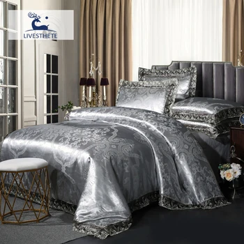 

Liv-Esthete Gray Jacquard Lace Decor Home Bedding Set Adult Double Queen Mattress Cover Flat/Fitted Sheet Duvet Cover Bedspread