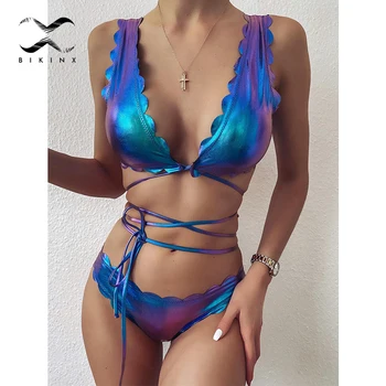 

Brazilian sexy bikini set Frill swimsuit female Ruffle bikini Lace up swimwear women 2020 Shiny bathing suit Knot bule Swim suit