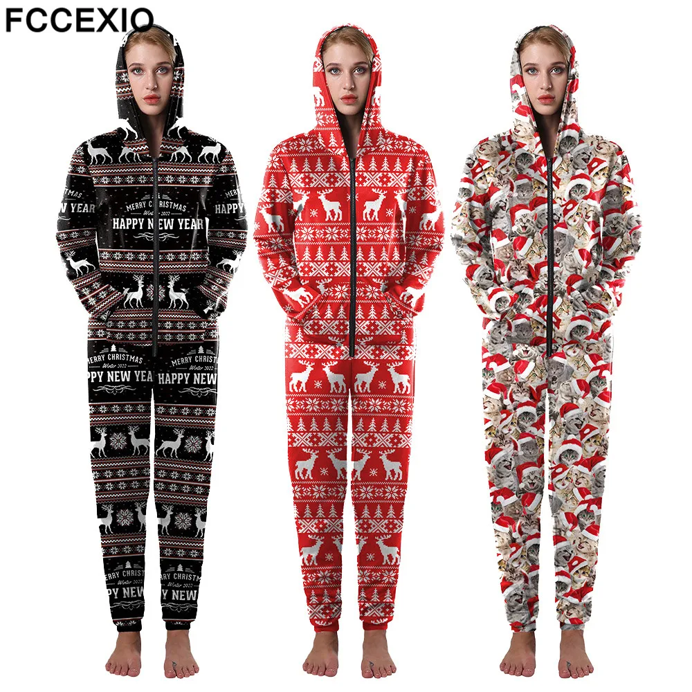 

FCCEXIO 3 Colors Christmas Print Autumn Hooded Women Jumpsuit Casual Xmas Home Party Unisex Jumpsuit Happy New Year