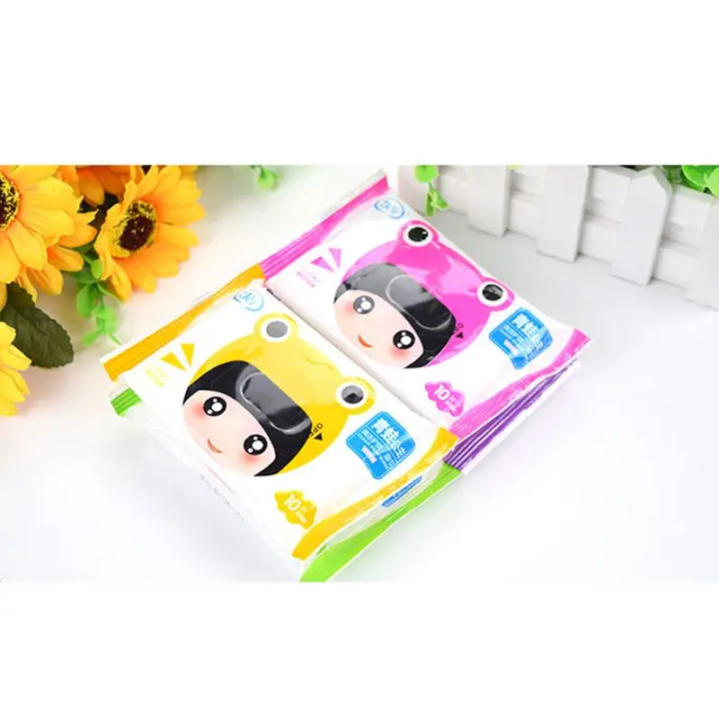 10Pcs/Bag Disposable Spunlace Adult Baby Wet Wipes Cute Cartoon Frog Girl Travel Portable Kids Tissues Unscented Moisturizing