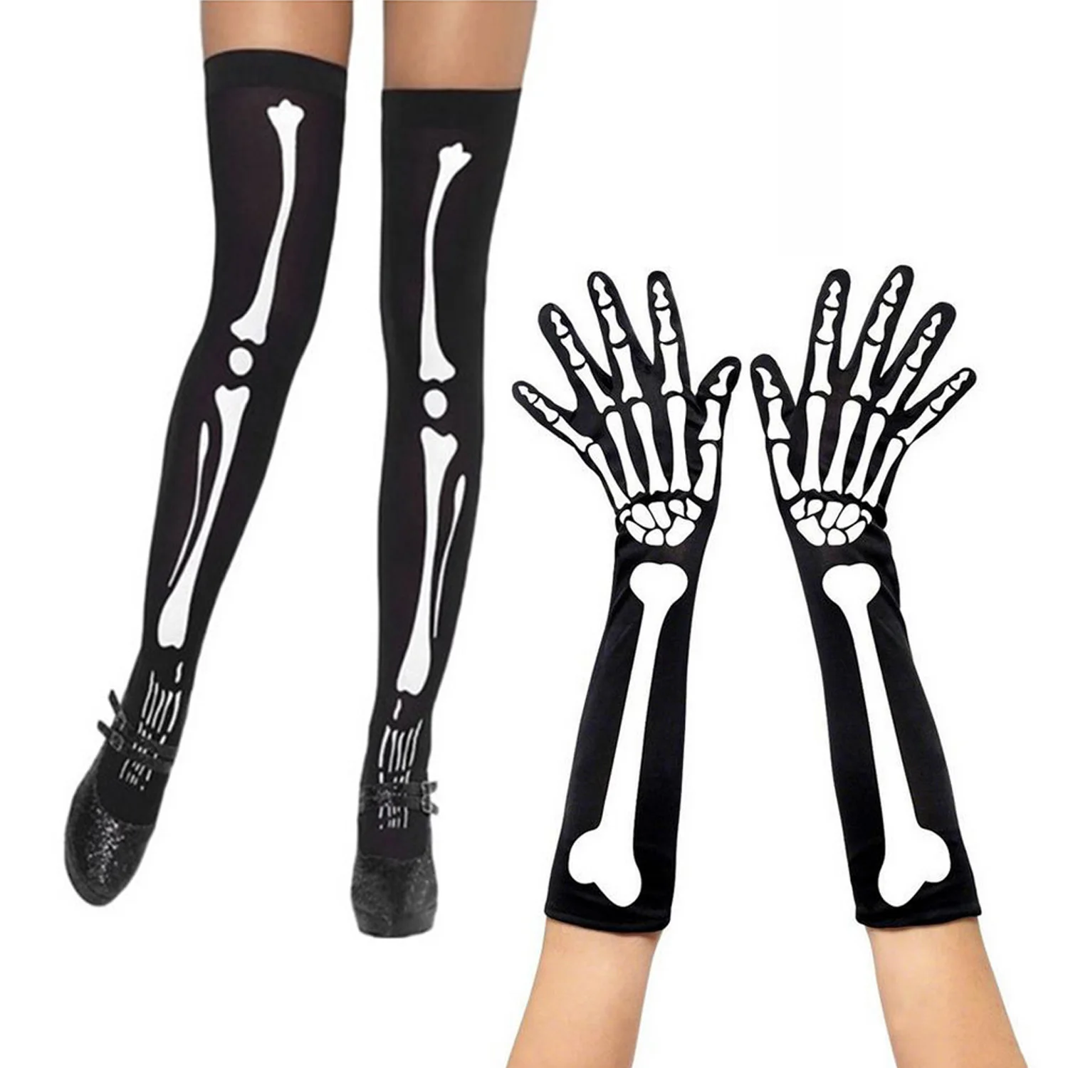 gloves and socks Besegad Хэллоуин белый Скелет длинные перчатки Ghost Bone чулки бедра высокие носки косплей костюм аксессуары Игрушка - Цвет: gloves and socks