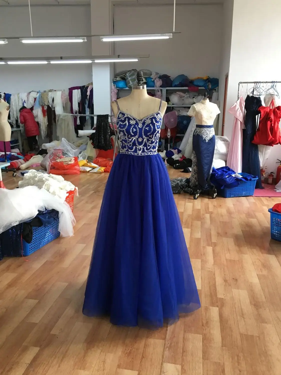 Blue Long Prom Dresses Straps with Sweetheart A-line Floor Length Beaded