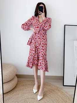 

2020 New V-neck Women midi Dress slim waist silk wrap ladies Asymmetric long dress plum blossoms printted sexy for Beach Holiday