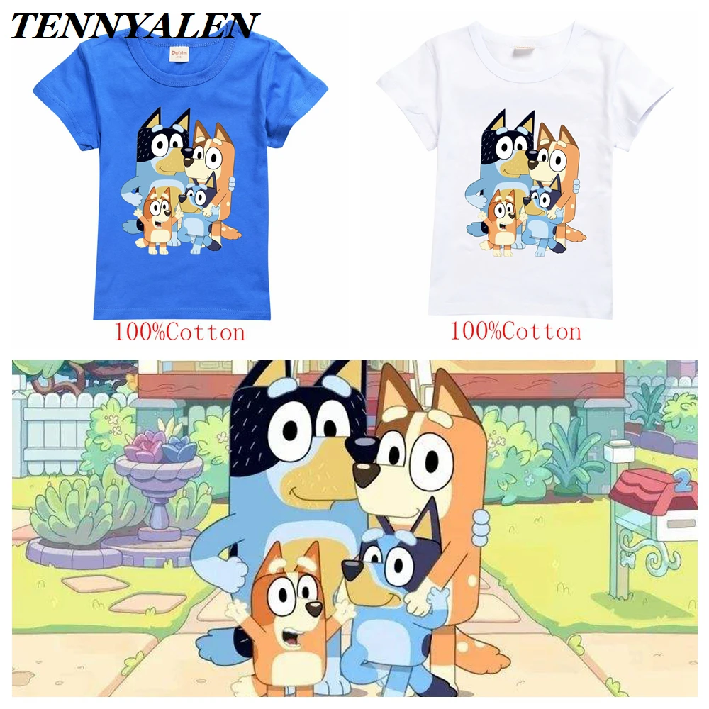 

Bluey 2020 New Children's Anime Bluey Cosplay Props Halloween Costumes for Boys and Girls 100% Cotton Cartoon Print kids T-shirt