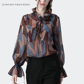 

Fashion Irregular Plaid Printed Chiffon Blouse Women Loose Plus Size Long Sleeve Ruffled Top European Style Casual Office Blouse