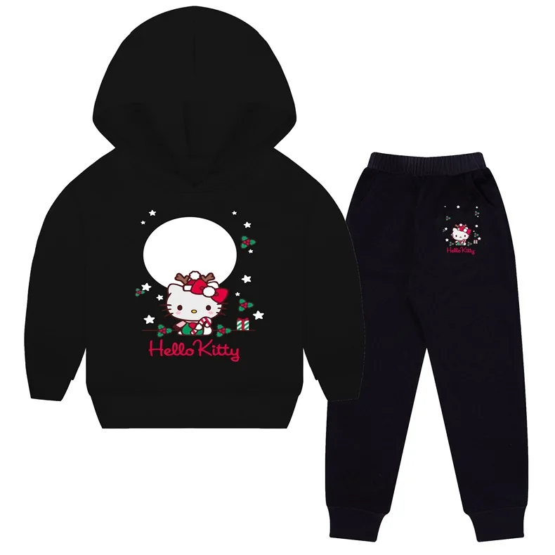 thumbnail image 1 of Hello Kitty-ropa informal para niña, suéter con capucha de dos piezas y pantalones, traje de moda de algodón con estampado de dibujos animados, 1 of 4