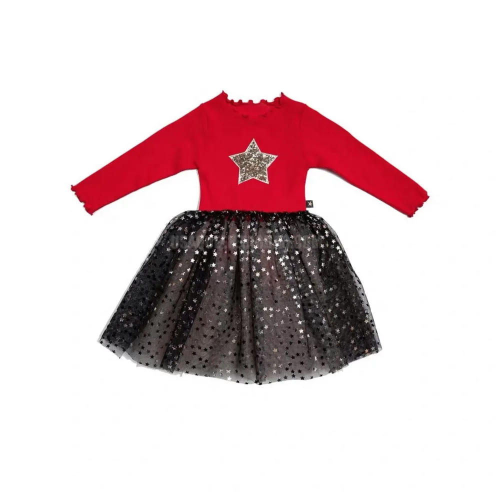 Розничная, платья для девочек с блестками и звездами, коллекция года, осеннее платье блестящее фатиновое платье принцессы с длинными рукавами для девочек, одежда для малышей возрастом от 2 до 8 лет - Цвет: Red 2