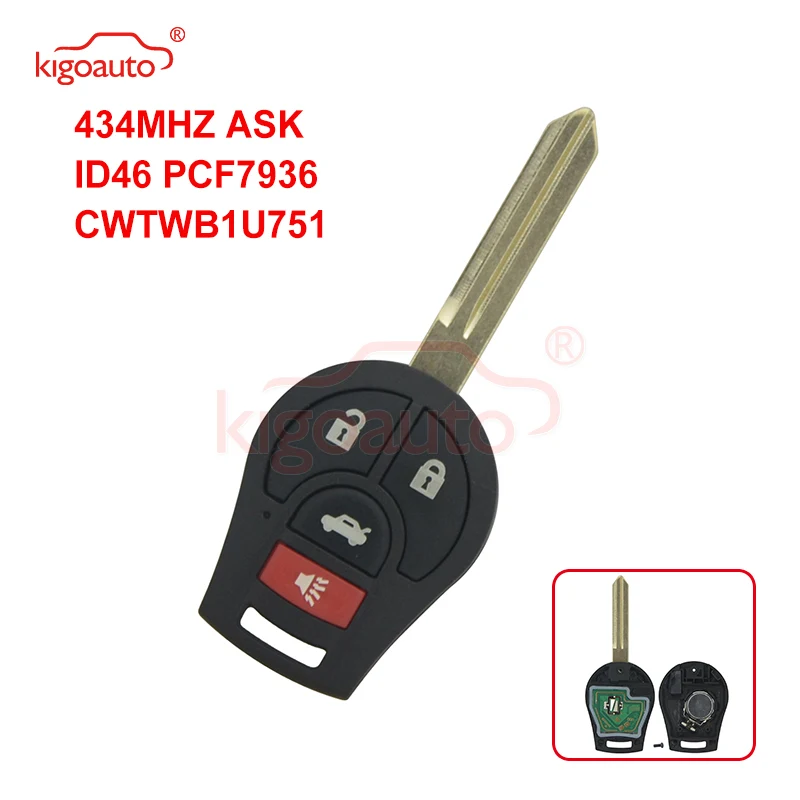 Kigoauto дистанционный ключ 3 кнопки с паникой для 2008 2014 Nissan Cube Rogue Juke Versa 434MHZ ASK ID46 PCF7936