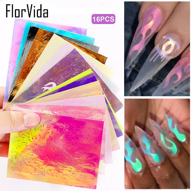 FlorVida 16 шт./компл. 3D лазерные ногтей пламя наклейки для ногтей искусство самоклеющиеся листья дизайн переводные наклейки на ногти набор украшения