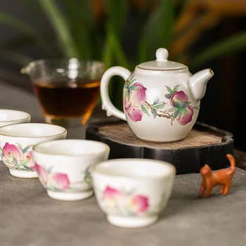 

100% handmade Jingdezhen Pastel Peach Ceramic Kung Fu Tea Set Master Cup Personal Single Cup Tea cup Gaiwan cup Tea Pot Set
