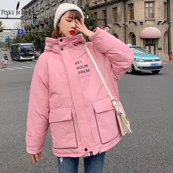 

PinkyIsBlack New 2019 Winter Jacket Women Two Big Pockets Hooded Female Cotton Padded Outwear Winter Coat Women's Loose Parkas