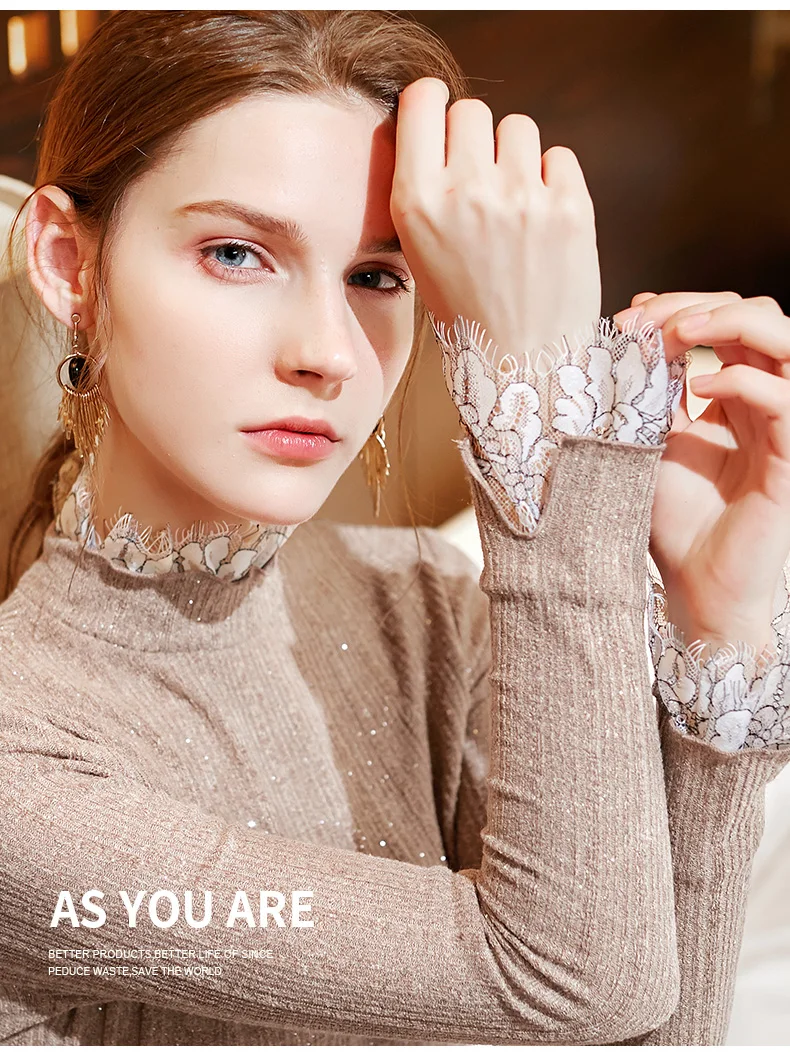 Latin Dance Clothes Ladies Autumn Dress Women Stitching Lace Lace Half-High Collar Long-Sleeved Bell-Sleeve Balroom Tops BI044