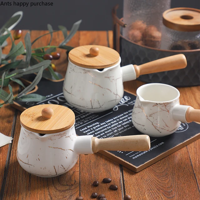 Fehér Arany Mintázat Kerámia Tejkanna Fa Fogantyú Kávé Tej Edény Kávéfőző Kiegészítők Asztali Fedéllel