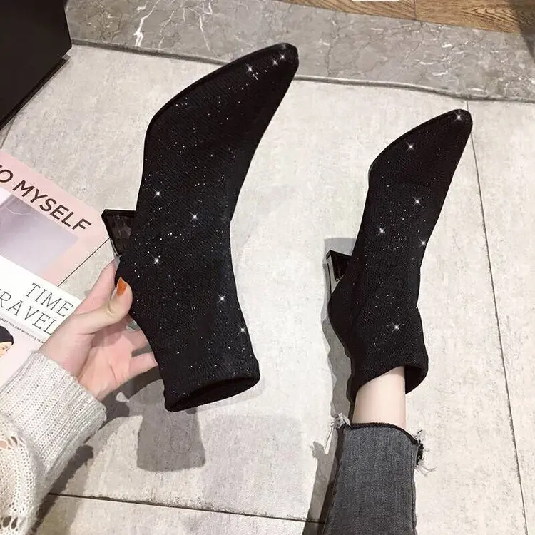 EOEODOIT пикантные ботинки с украшениями новые осенние туфли-лодочки с острым носком на высоком каблуке серебристого цвета ботинки без застежки на каблуке 7 см