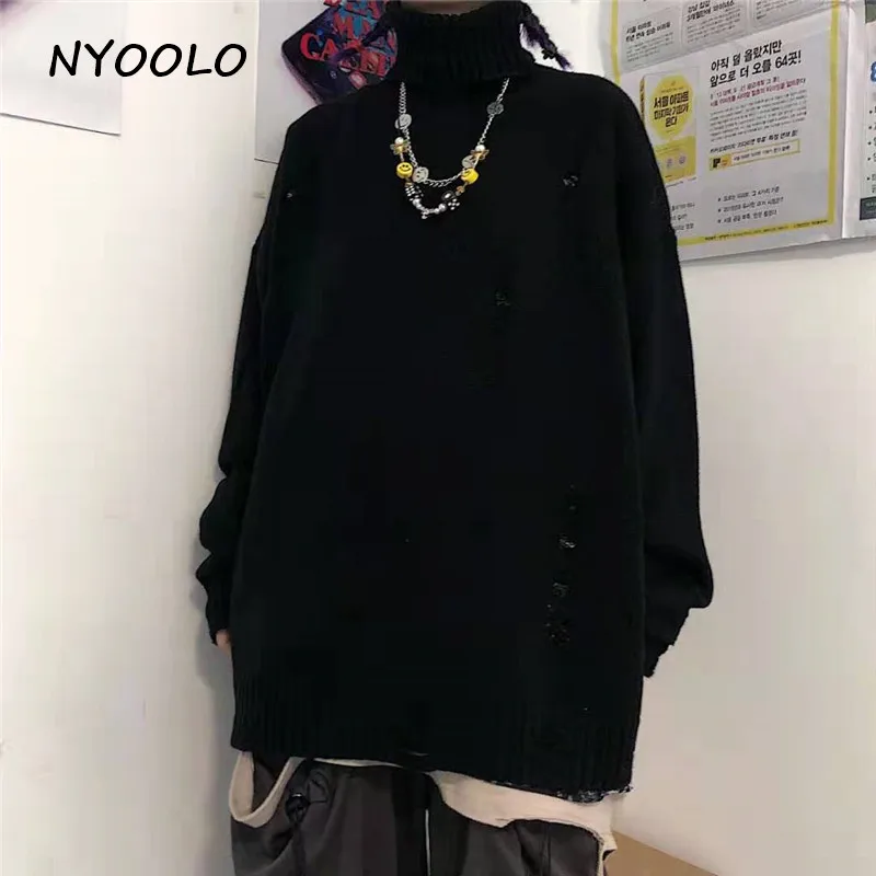 NYOOLO, осенне-зимняя уличная одежда, свободный свитер с дырками, повседневный пуловер с длинным рукавом, вязаный свитер для женщин и мужчин