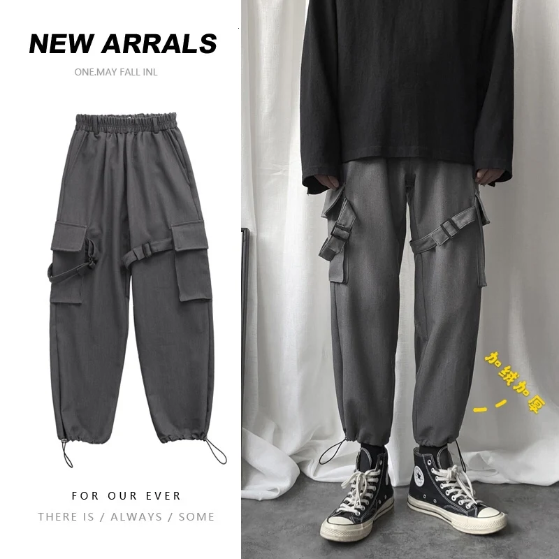 

Plus Velvet Padded Overalls Men's Fashion Solid Color Casual Multi-pocket Tooling Trousers Men Hip Hop Joggers Sweatpants Mens