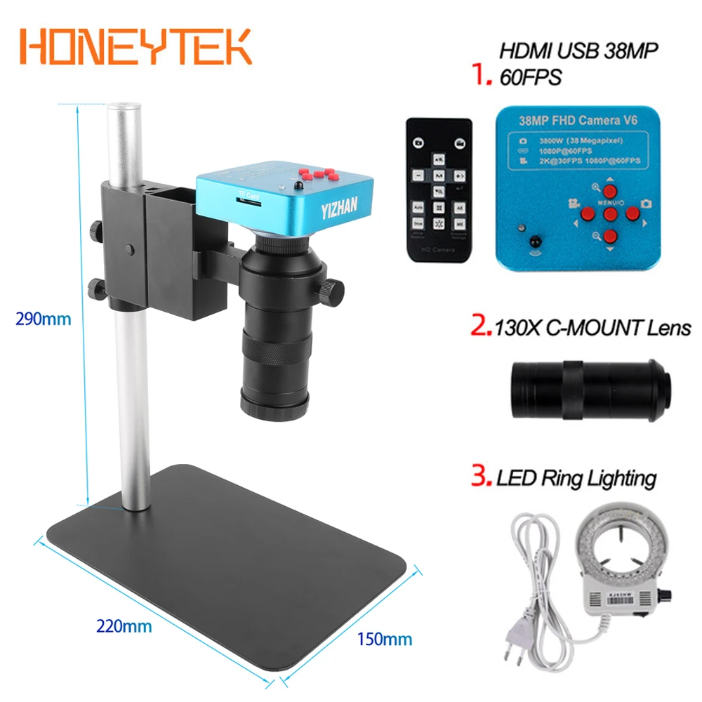 US $62.28 New 1080P HDMI VGA Digital Microscope For Electronic Soldering 130X 38MP Microscope Camera USB LED Ring Light PCB Board Repair