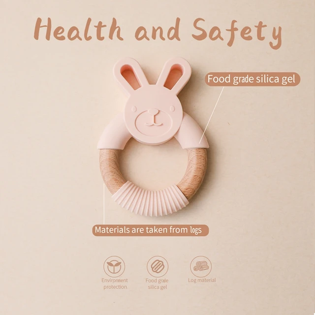 1Pc Baby Food Grade Beech Wooden Teether BPA Free Rabbit Teething Chewable Ring Diy Pendant Accessories Baby Products  Baby Gift 2