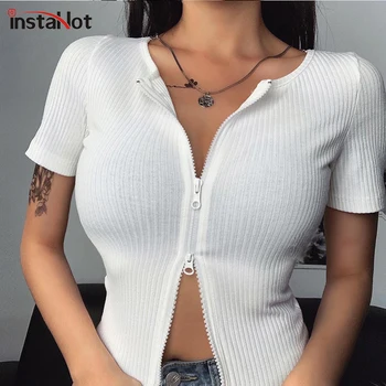 

InstaHot Zipper Up Short Sleeve T-shirt O-neck Casual Ladies Casual Streetwear Cropped Top Ribbed Knitted Tee Top Women Sexy