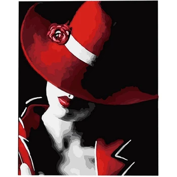 

Paint By Number Kit DIY Oil Painting Cloth Digital Home Decor, Red Hat woman