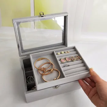 

2 Layers Velvet Jewelry Carrying Case Earrings Storage Box with Glass Cover Dustproof Jewelry Display Organizer Rings Show Tray