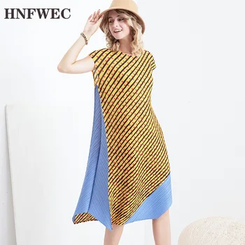 

2020 summer fashion new pleated dresses for women hit color striped patchwork Irregular Wave short sleeve clothes V905