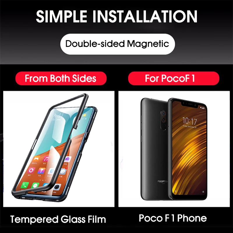 Двухсторонний Магнитный Стекло+ чехол Покофон Ф1 pocophone f1 чехол защищающий телефон чехол for Xiaomi Pocophone F1 закаленное стекло задняя+ передняя чехол для сяоми ми Покофон Ф1 for Xiaomi mi POCO F1 чехол