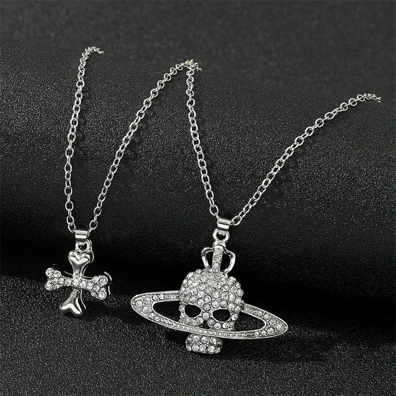 Strass Schädel Anhänger Halsketten Für Frauen Männer Lange Kreuz Kette Halskette Vintage Punk Goth Schmuck Großhandel – Detail 1