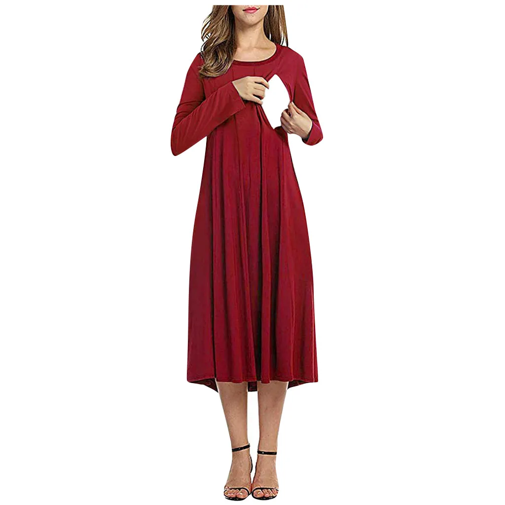 SAGACE платье для беременных с длинным рукавом; Одежда для беременных женщин; ночная рубашка для беременных; элегантное платье для беременных - Цвет: Wine