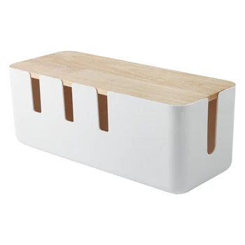 

Cable Organizer Box Hard Plastic Desk Cable Management Box with Holder Wood Color Cover for Home Cable Winder Storage