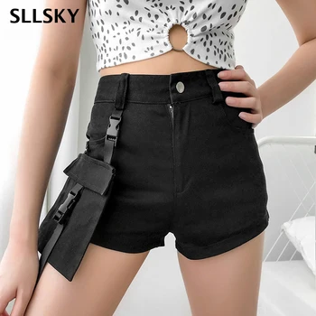 

SLLSKY Streetwear Black Summer Shorts Women Casual Pockets European Style Cargo Shorts Fashion Punk High Waist Zipper Shorts