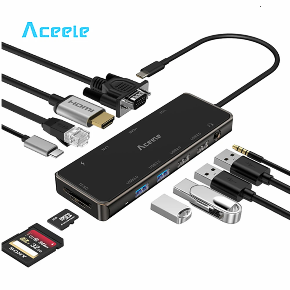 

Aceele 11 in 1 USB C Hub HDMI VGA Audio RJ45 USB 3.0 2.0 Power Delivery PD SD/TF Card Reader for Macbook Pro Huawei Matebook X