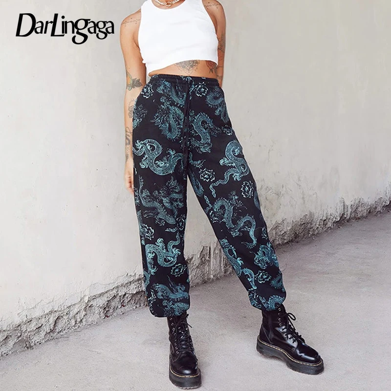 Darlingaga Streetwear Dragon Print High Waist Pants Sweatpants Women Chinese Style Drawstring Bagg Pants Trousers Fashion Capris Darlingaga Streetwear Dragon Print High Waist Pants Sweatpants Women Chinese Style Drawstring Bagg Pants Trousers Fashion Capris